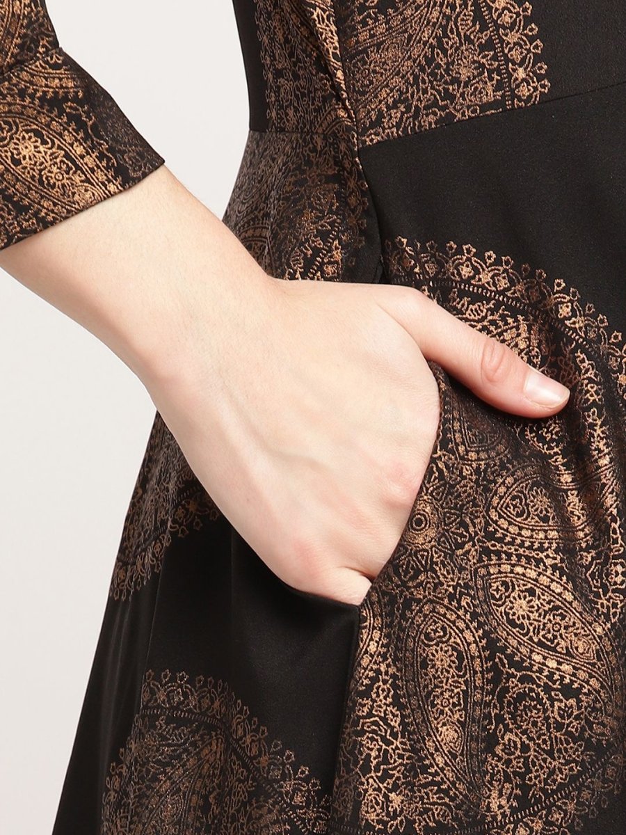 Ahalyaa Women Black Crepe Copper Foil Print Dress | Swadesiicart