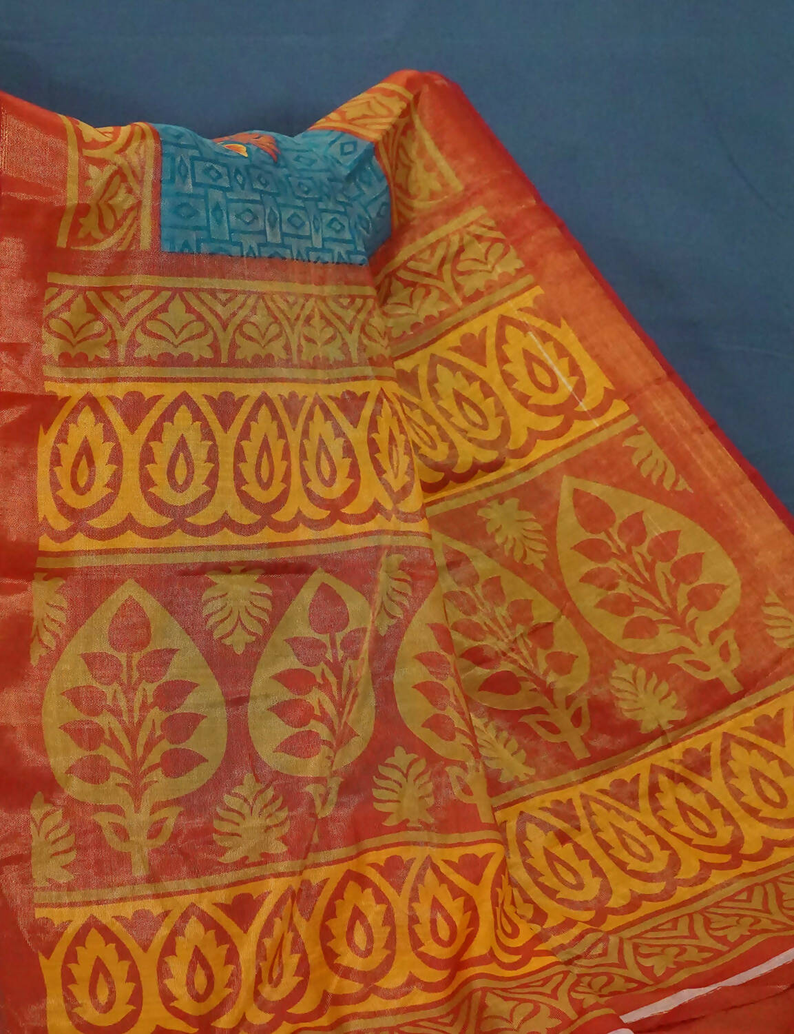 Sea Blue And Orange Cotton Brasson Saree For Office/Regular Wear By Gayathri Reddy Designer Studio | Swadesiicart