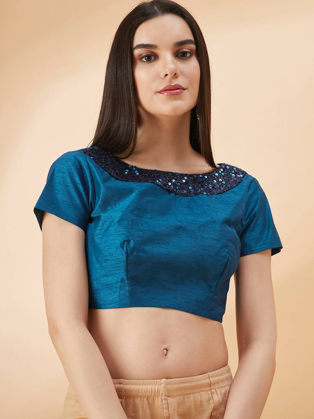 Peacock Blue Lycra Sequins Fabric. Frill Details, Handwork Buttis Saree - Norita Hit Design - Swadesiicart