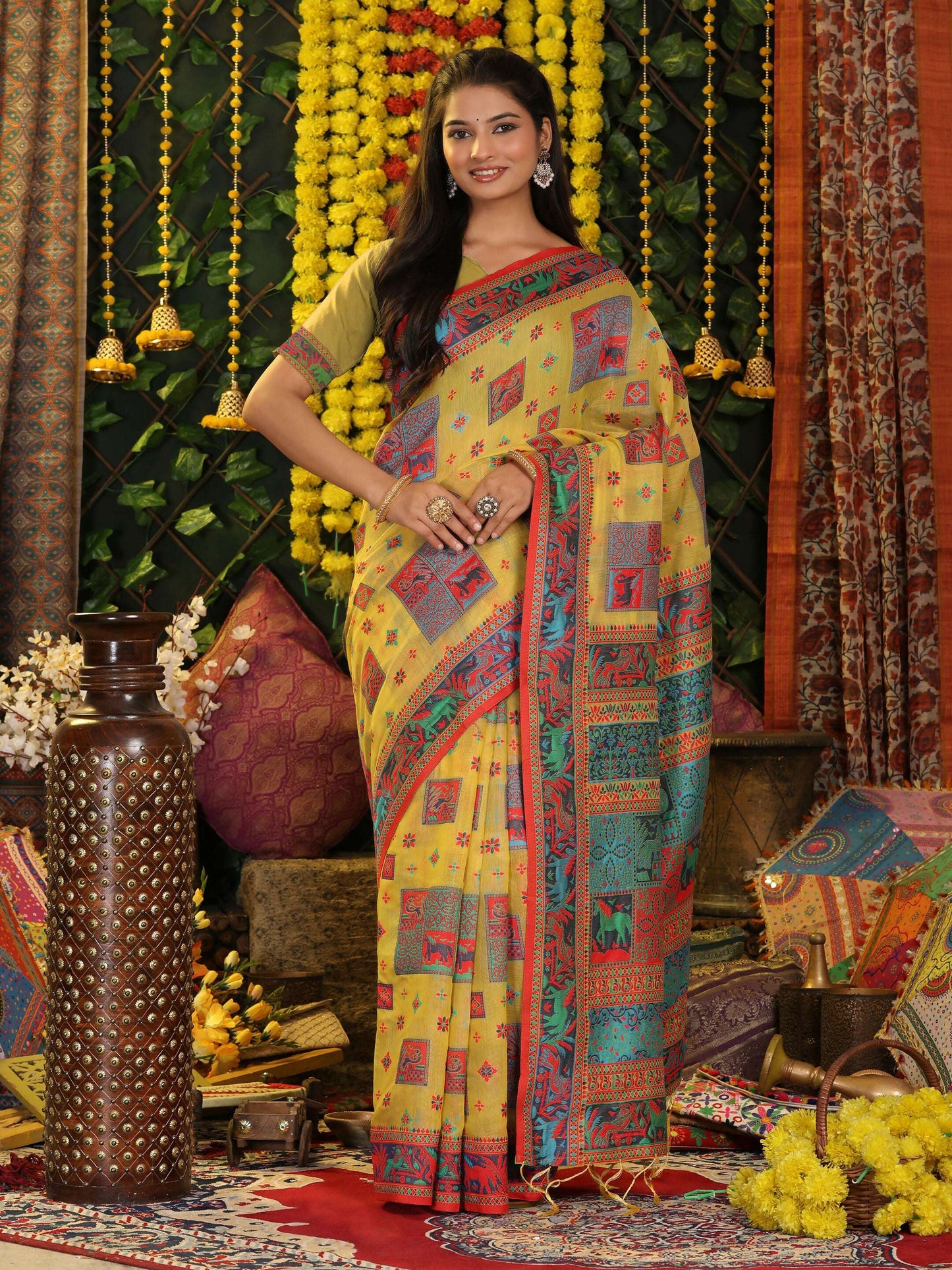 Shree Shyam Fashion Linen Cotton Yellow Saree