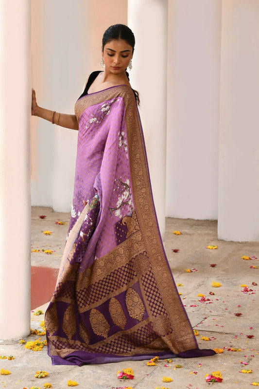 Joban Fashion Plum Purple Crepe Chiffon Pure Handloom Banarasi Silk Saree | Swadesiicart