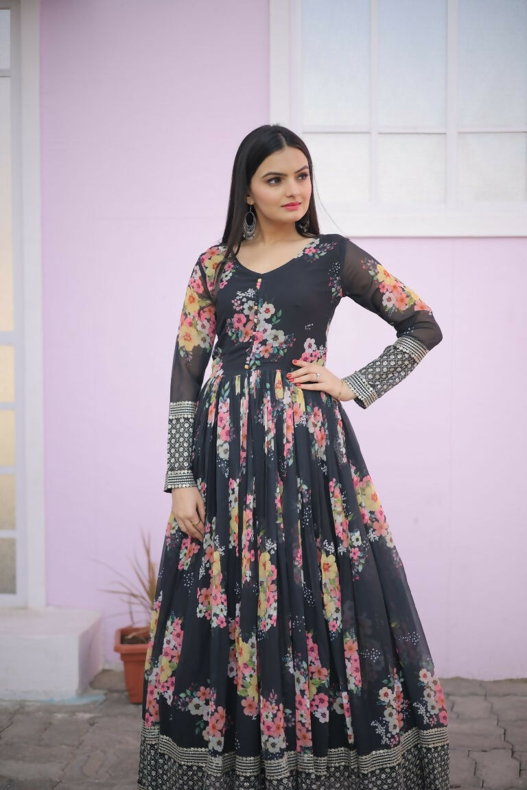 Jyoti Fashion Women's Black Digital Print with Sequence Zari Embroidered Faux Georgette Anarkali Dress | Swadesiicart
