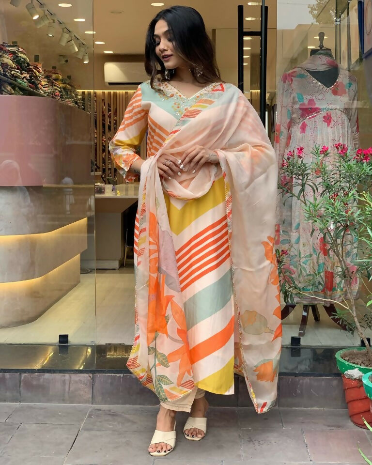 Partywear Designer Maslin Multi Stitched Suit With Dupatta - Tanisha | Swadesiicart