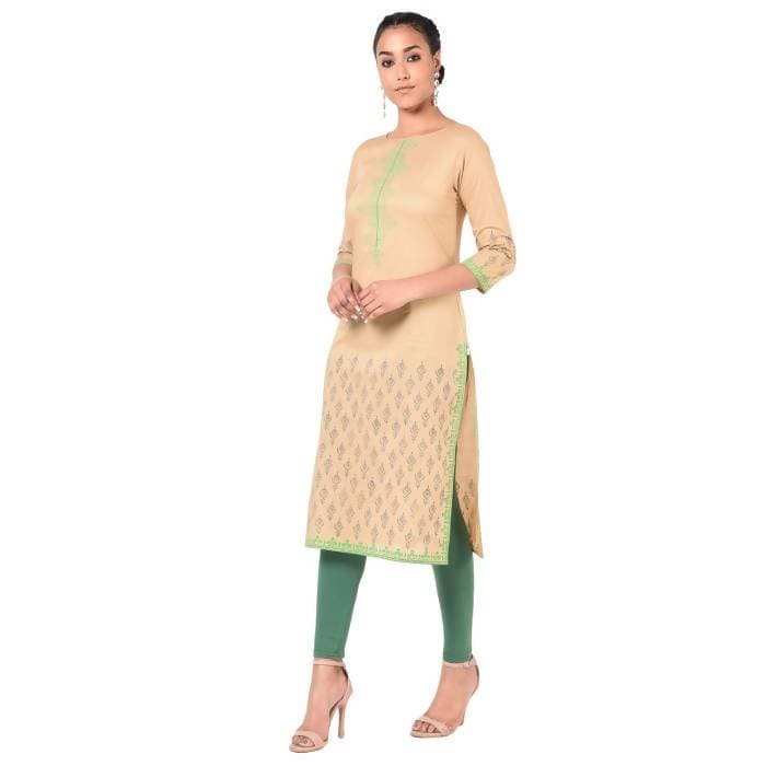 Aniyah Cotton Floral Print Straight Kurta In Beige Color (AN-170K) - Swadesiicart
