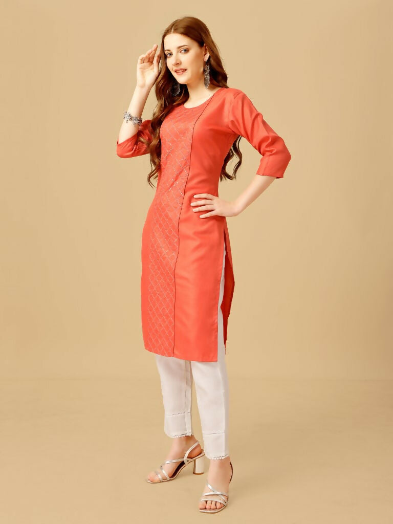 Jyoti Fashion Women's Coral Cotton Blend Embroidered Kurta Pant Set | Swadesiicart