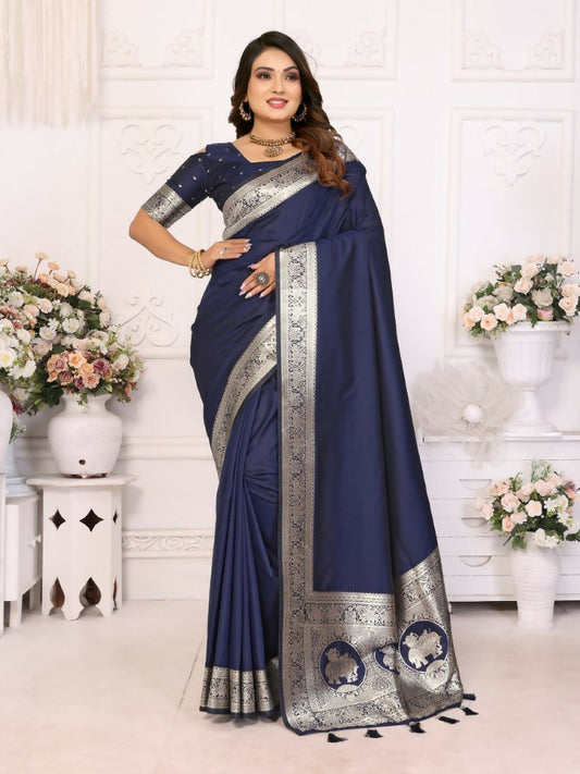 Anaita Navy Blue Banarasi Silk With Beautiful Gala Weaving Saree With Blouse | Swadesiicart
