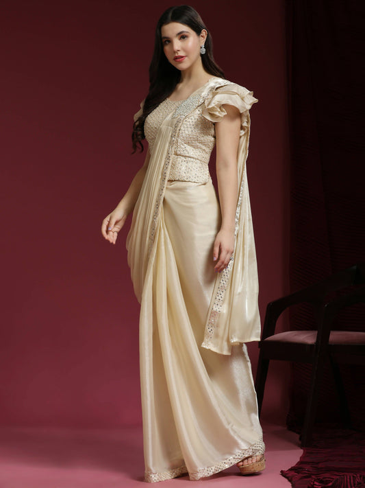 Beige Silk Satin Sequence Work Ready to Wear Saree with stitched Blouse - Nirvana | Swadesiicart