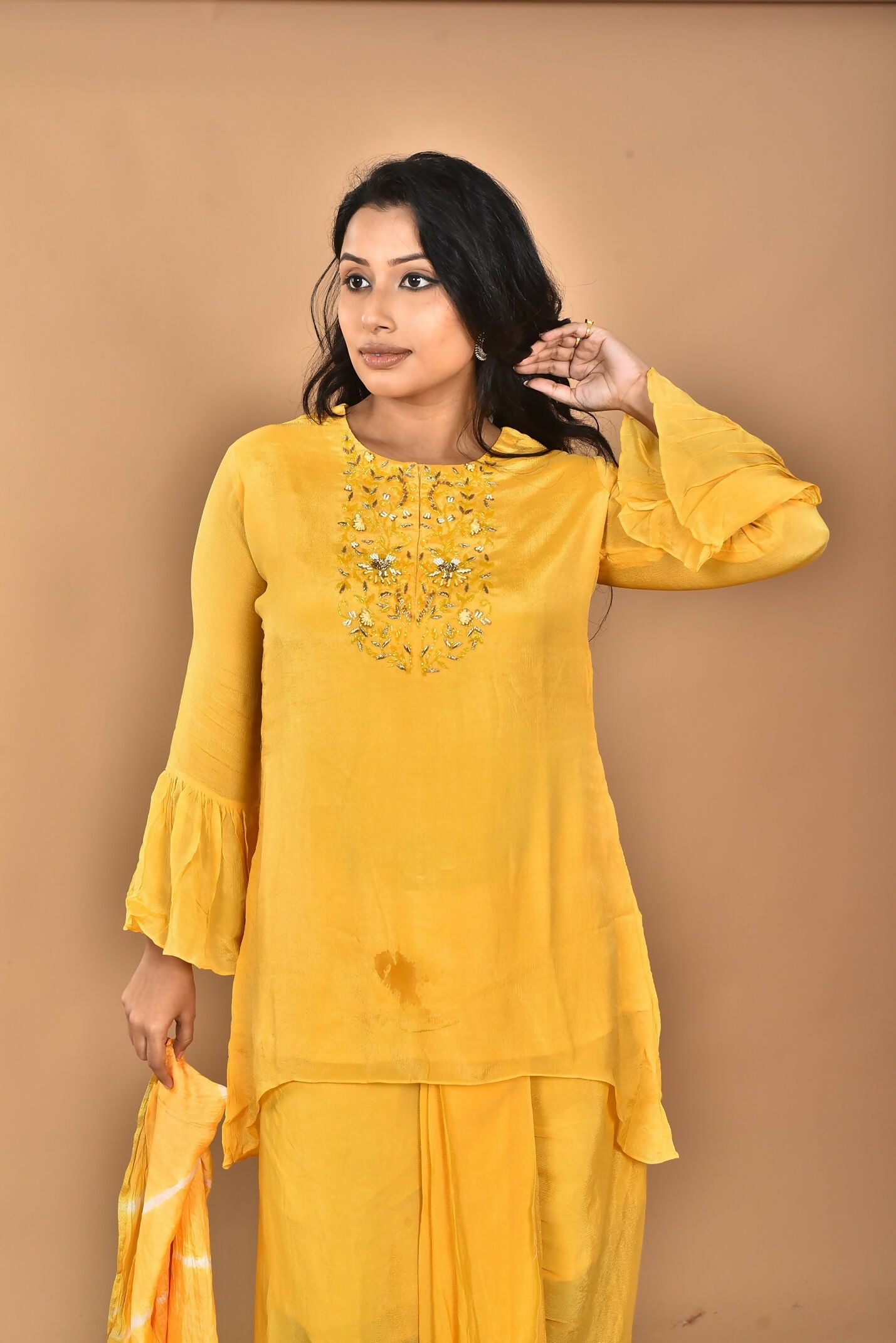 Morchari Women And Hand Embroidery Palazzo Set-Yellow - Swadesiicart