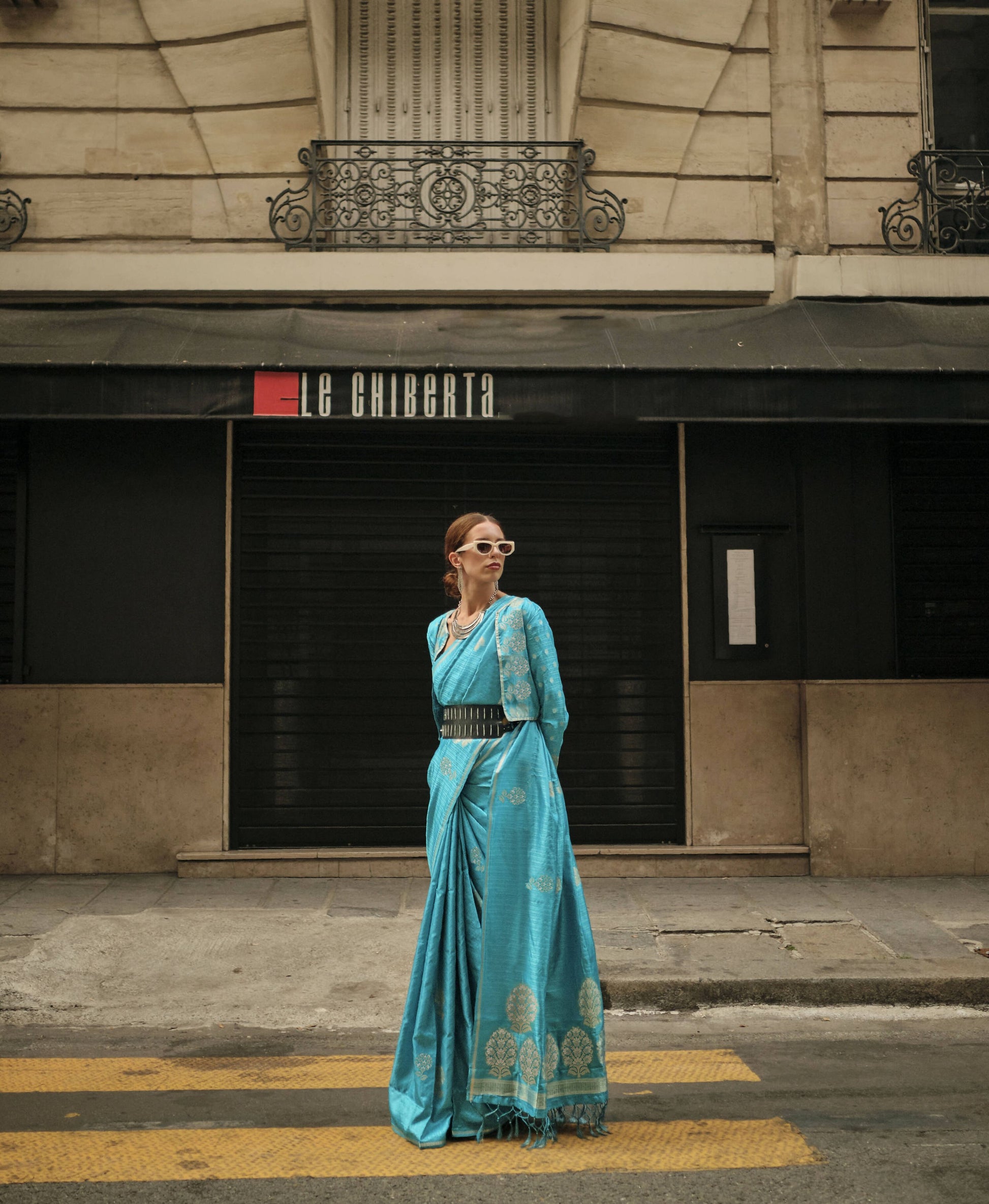 Firozi Blue Weavead Thread & Zari Work, Handloom Weaving Banarasi Satin Silk Saree - Rajtex Kronicle Silk - Swadesiicart