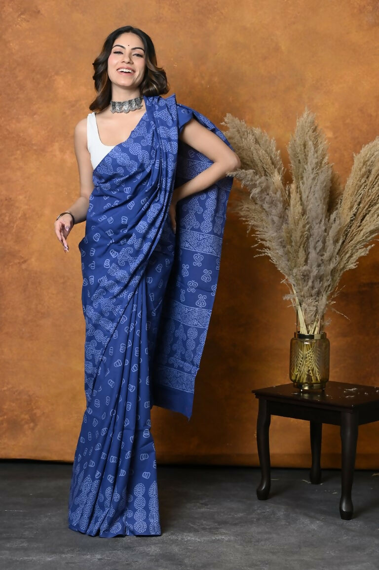 Very Much Indian Handblock Printed Cotton Saree With Natural Dyes - Indigo Blue | Swadesiicart