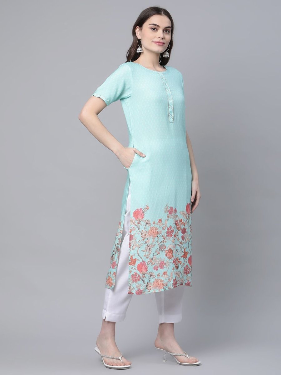 Ahalyaa Women Sky Blue Rayon Printed Kurta Pant Set | Swadesiicart