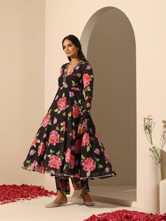Pomcha Jaipur Black Gul Gulabi Phool Anarkali Set | Swadesiicart