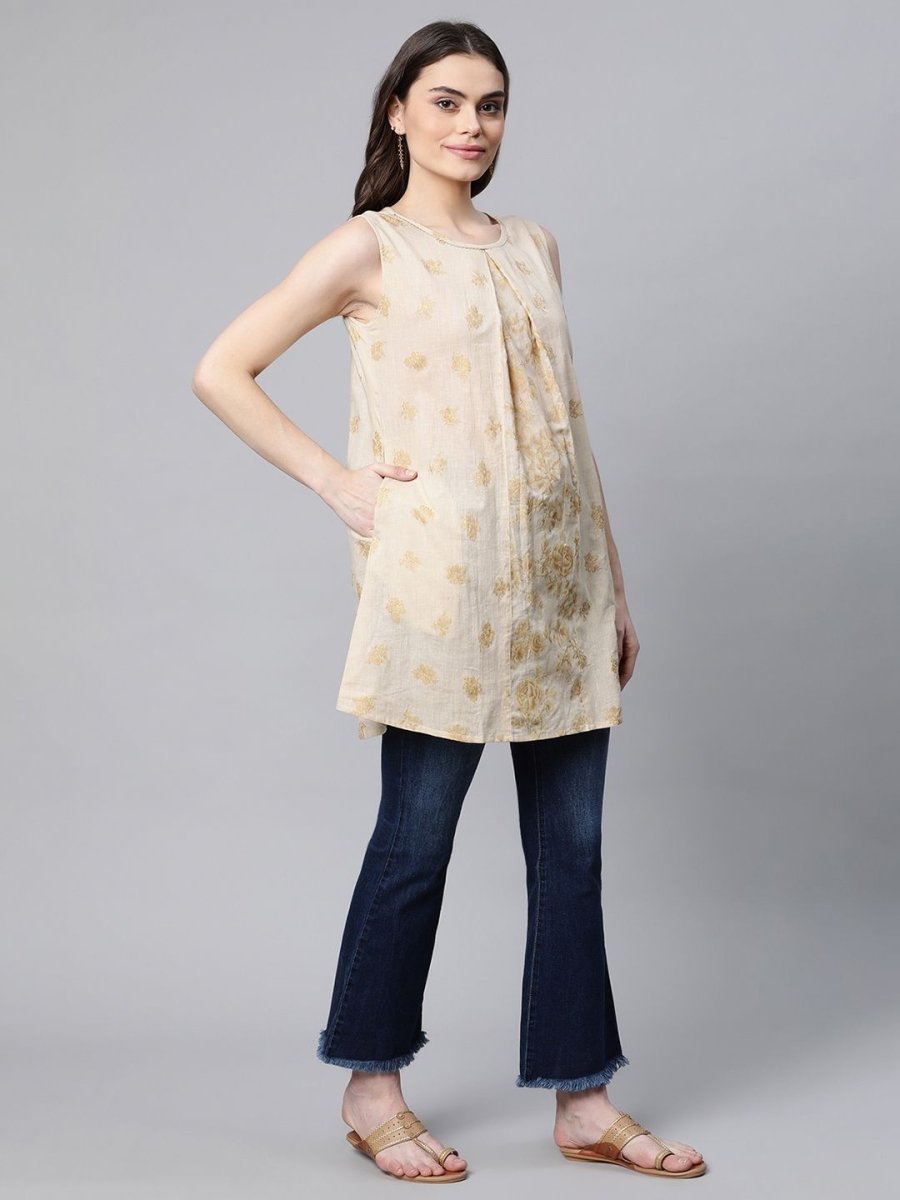 Ahalyaa Women Beige Pure Cotton Floral Printed Tunic | Swadesiicart