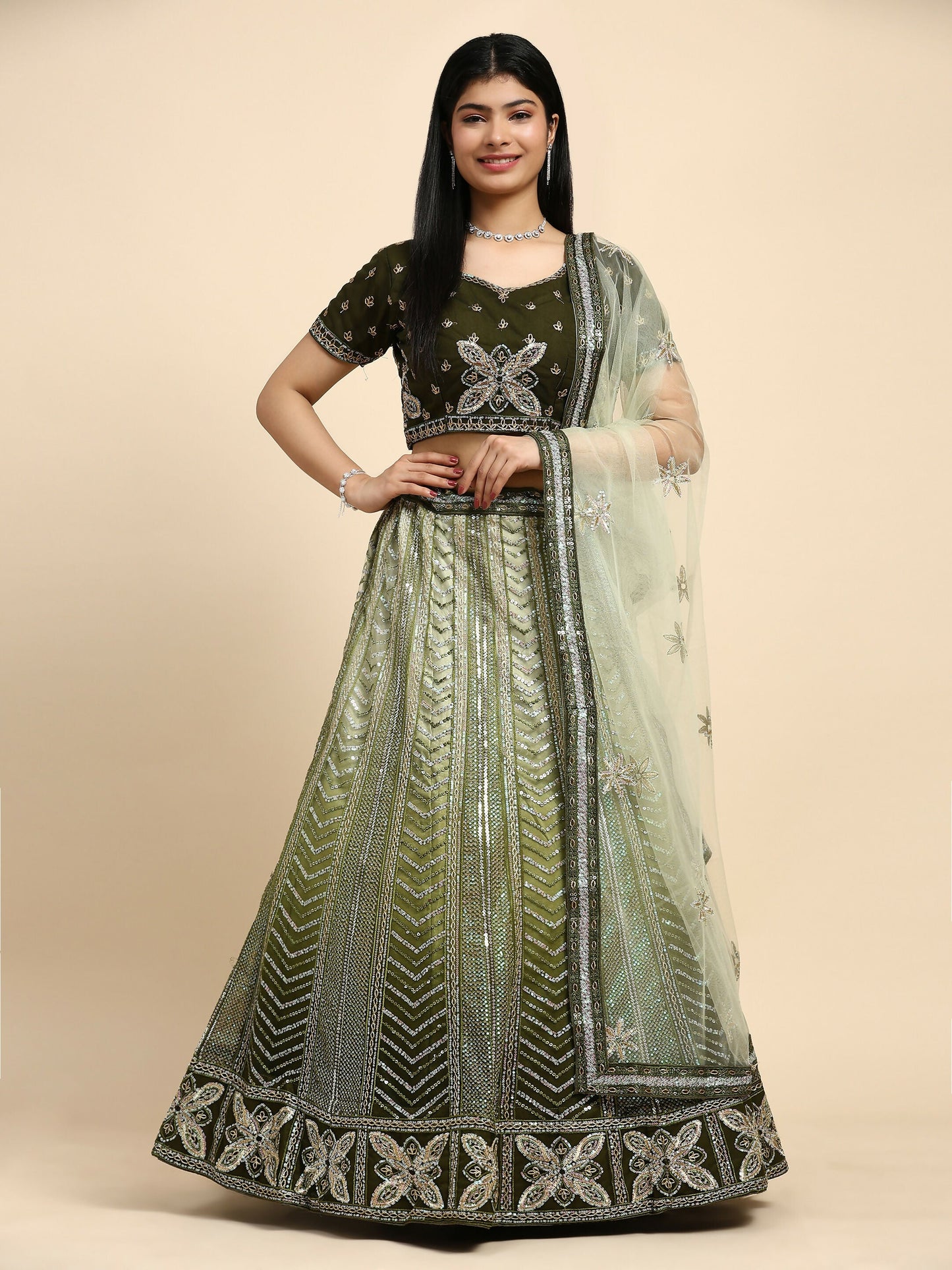 Green Fancy Net Sequence Embroidered Lehenga Choli with Dupatta - Dhara | Swadesiicart