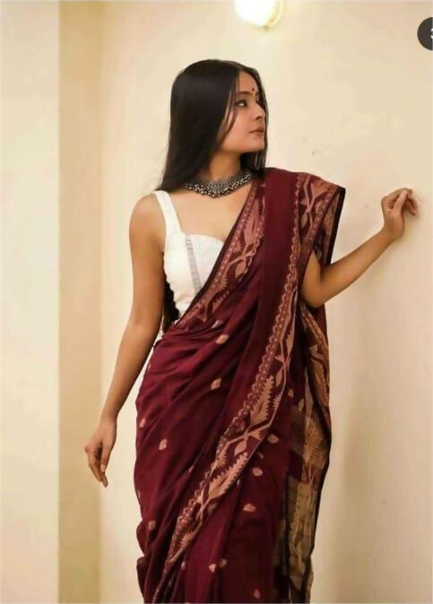 Exclusive Collection Beautiful Maroon Pure Cotton Woven Handloom Saree With Running Blouse Piece - Swadesiicart