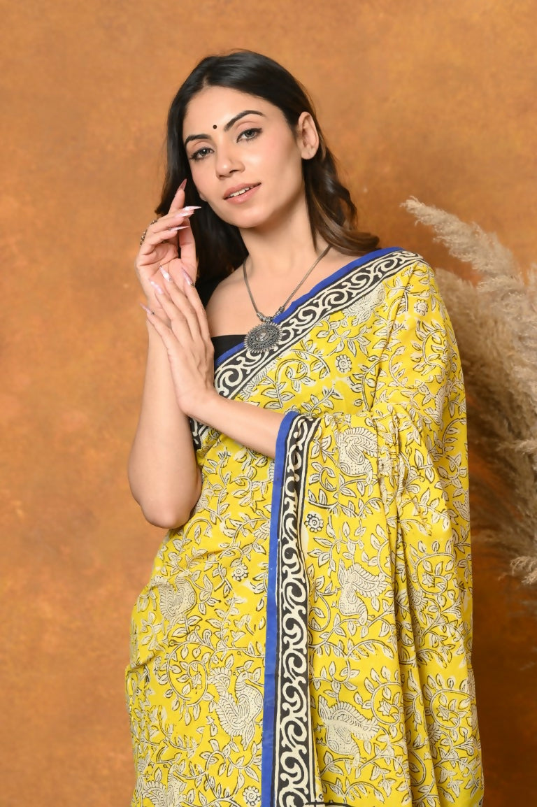 Very Much Indian Handblock Printed Cotton Saree With Natural Dyes - Green | Swadesiicart
