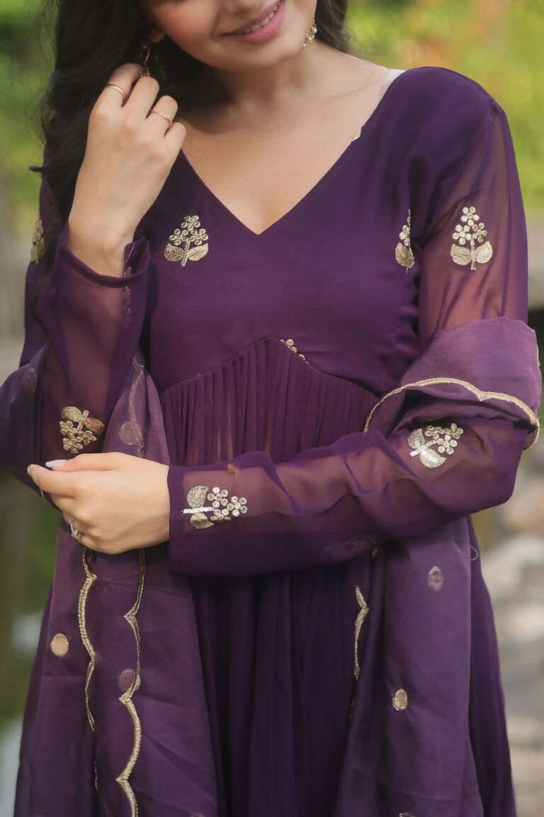 Jyoti Fashion Women's Wine Faux Blooming Embroidered Kurta with Trouser & Dupatta | Swadesiicart