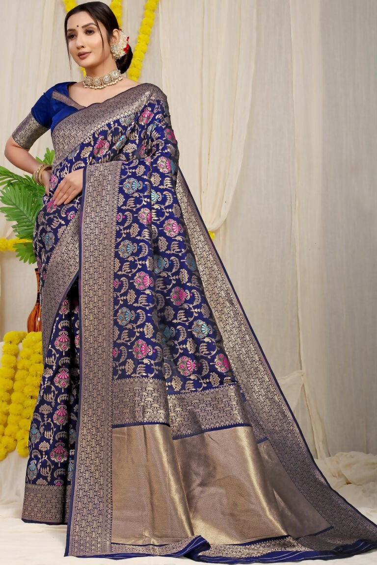 Jyoti Fashion Women's Navy Blue Kanjivaram Silk Zari Woven Saree with Blouse | Swadesiicart