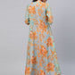 Ahalyaa Women's Orange Crepe Gold Print Top Skirt With Printed Jacket | Swadesiicart
