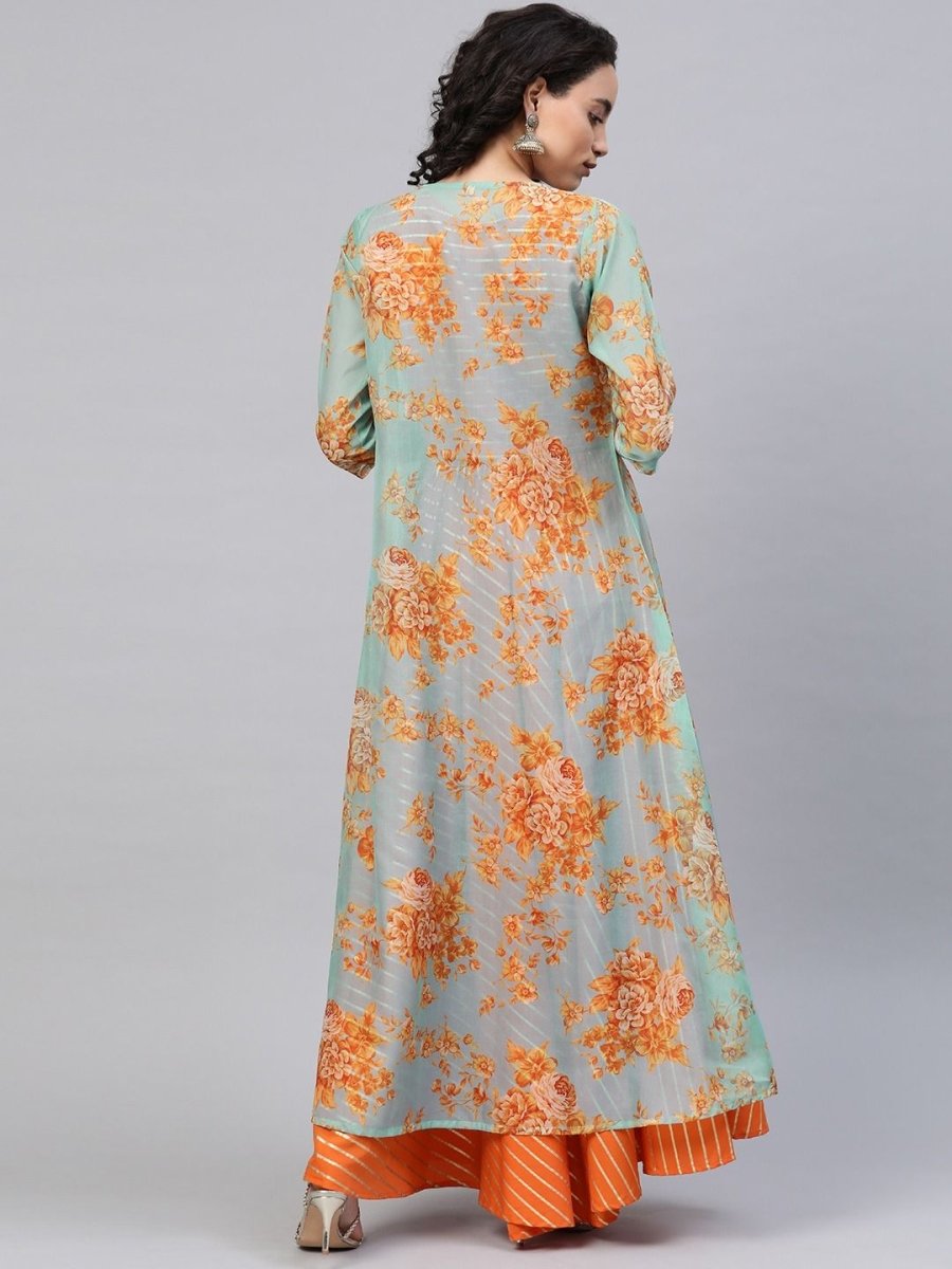 Ahalyaa Women's Orange Crepe Gold Print Top Skirt With Printed Jacket | Swadesiicart