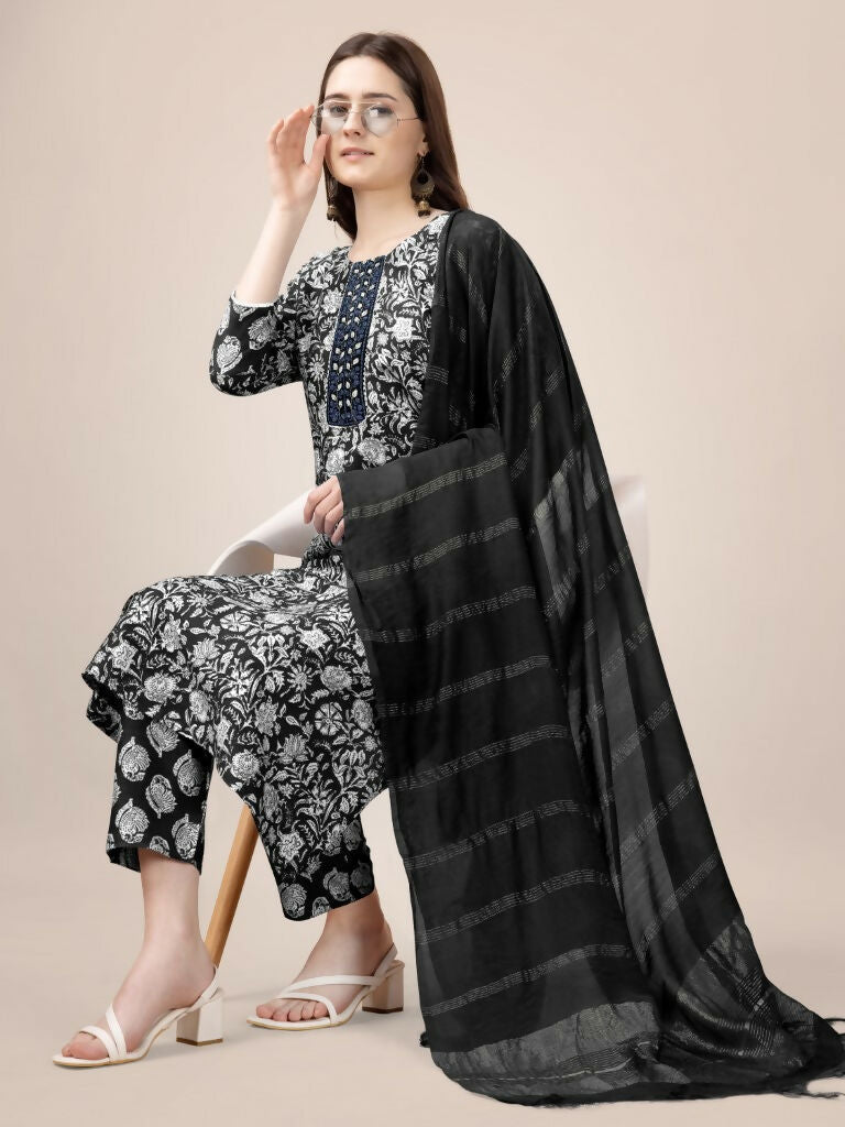 Jyoti Fashion Women's Black Rayon Print with Embroidery & Fancy Lace Work Kurta with Trouser & Dupatta | Swadesiicart
