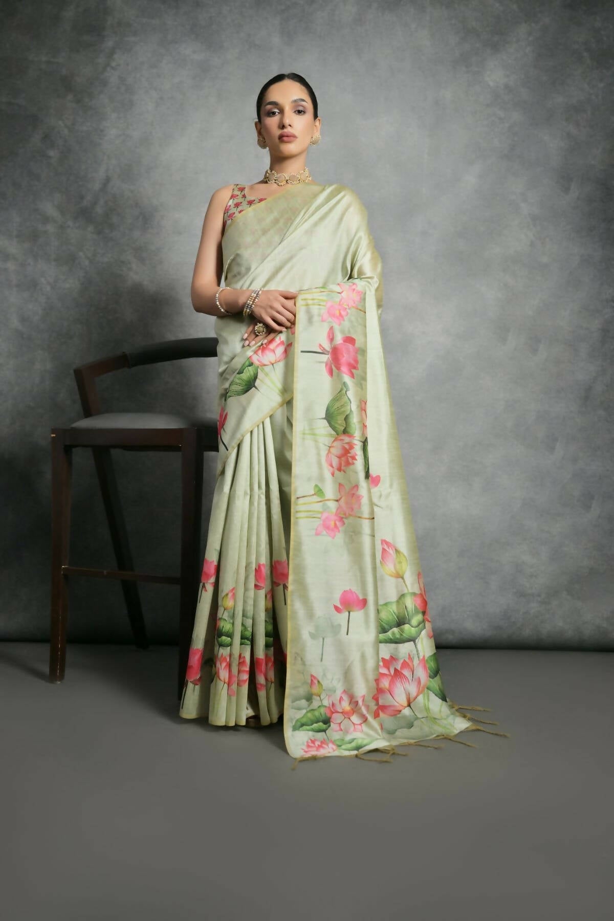 Vishnu Weaves Women's Pista Soft Tussar Silk Printed Saree with Blouse - Swadesiicart