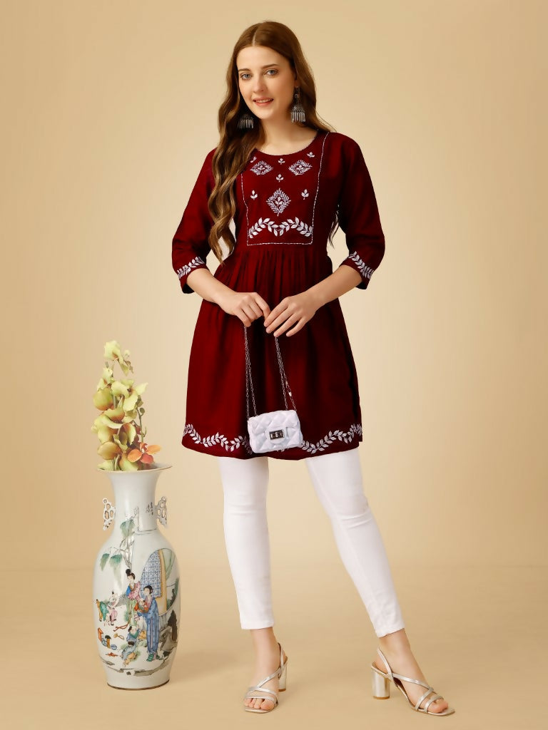 Jyoti Fashion Women's Maroon Viscose Rayon Embroidered Casual Top | Swadesiicart