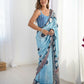 Blue Chinon Designer Digital Printed,Mirror Cut Work Saree - Elayna