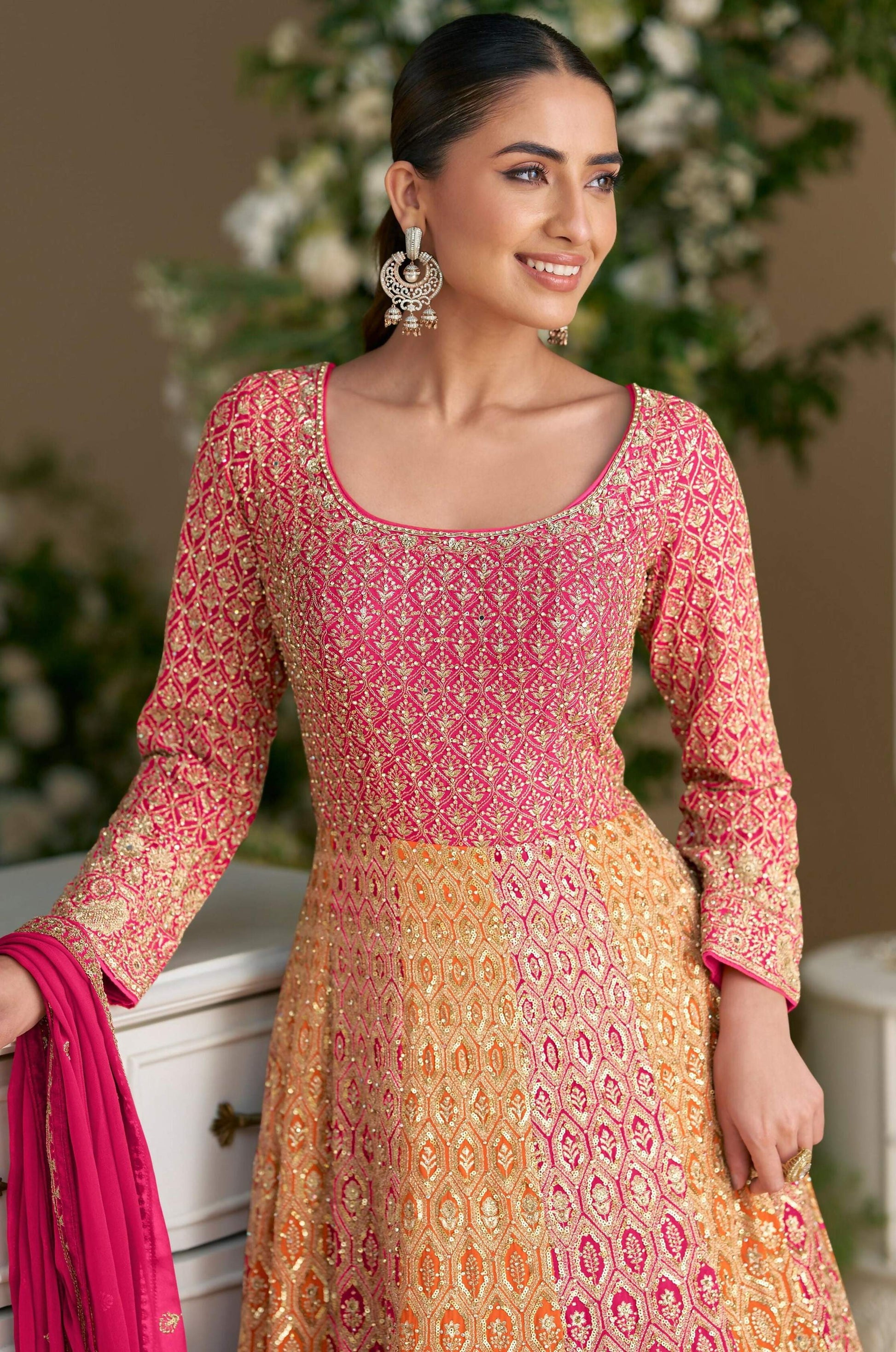 Anaita Peach Georgette Readymade Anarkali Suit with Embroidery Zarkan Work (Free Size)