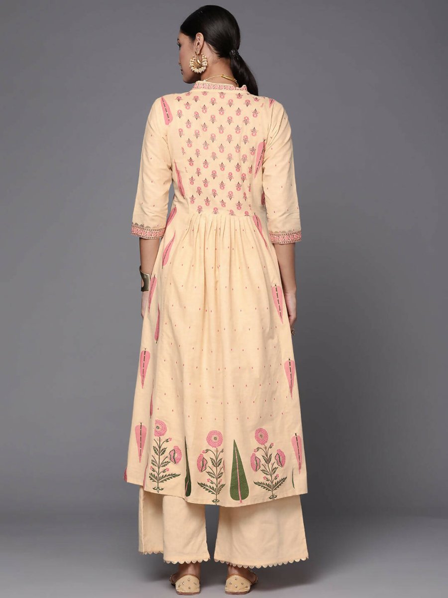 Ahalyaa Women Cream-Coloured & Pink Floral Print Pure Cotton Anarkali Kurta with Palazzos | Swadesiicart