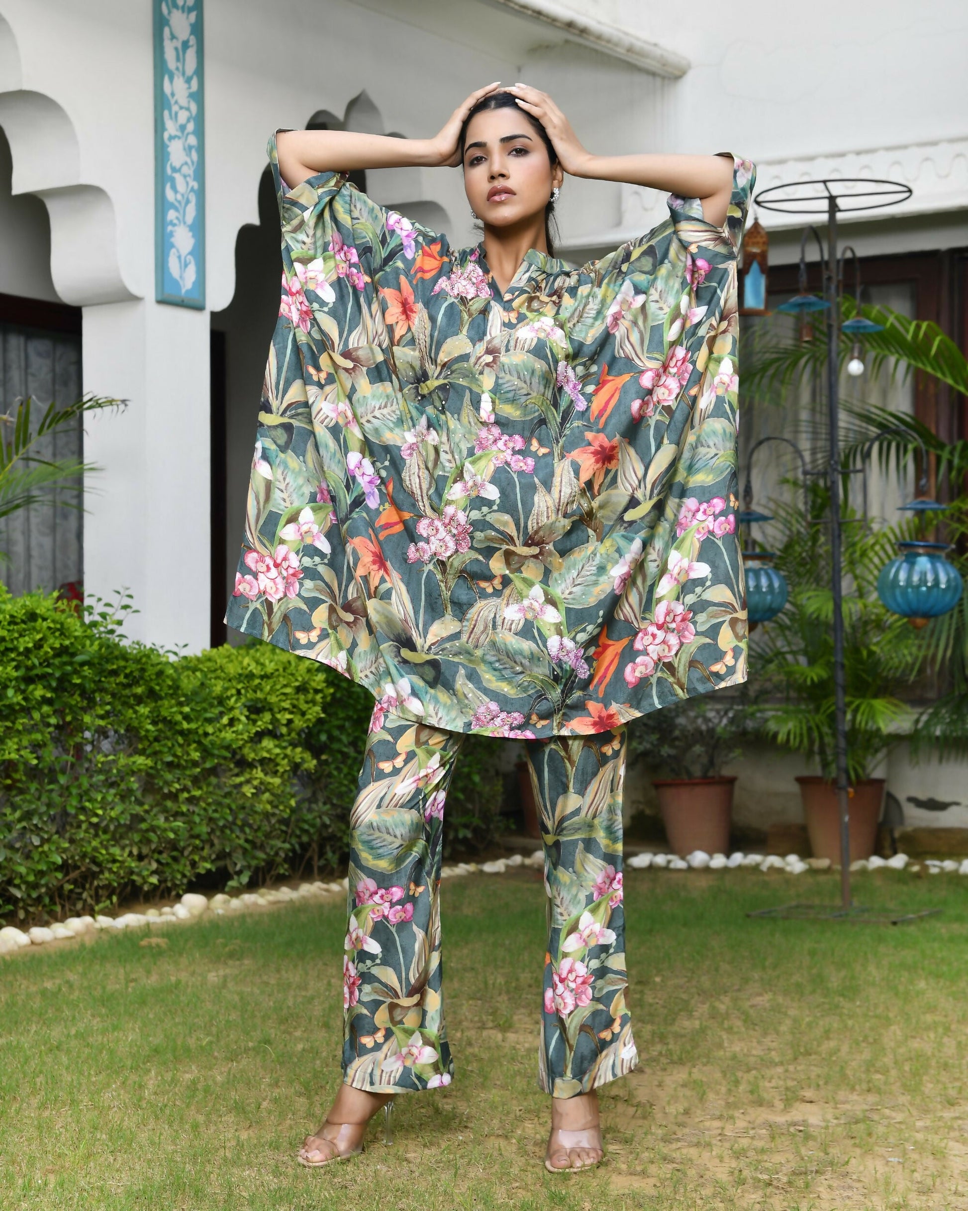 Vaasva Women's Dark Green Musline Viscose Digital Printed Kaftan Pant Set | Swadesiicart