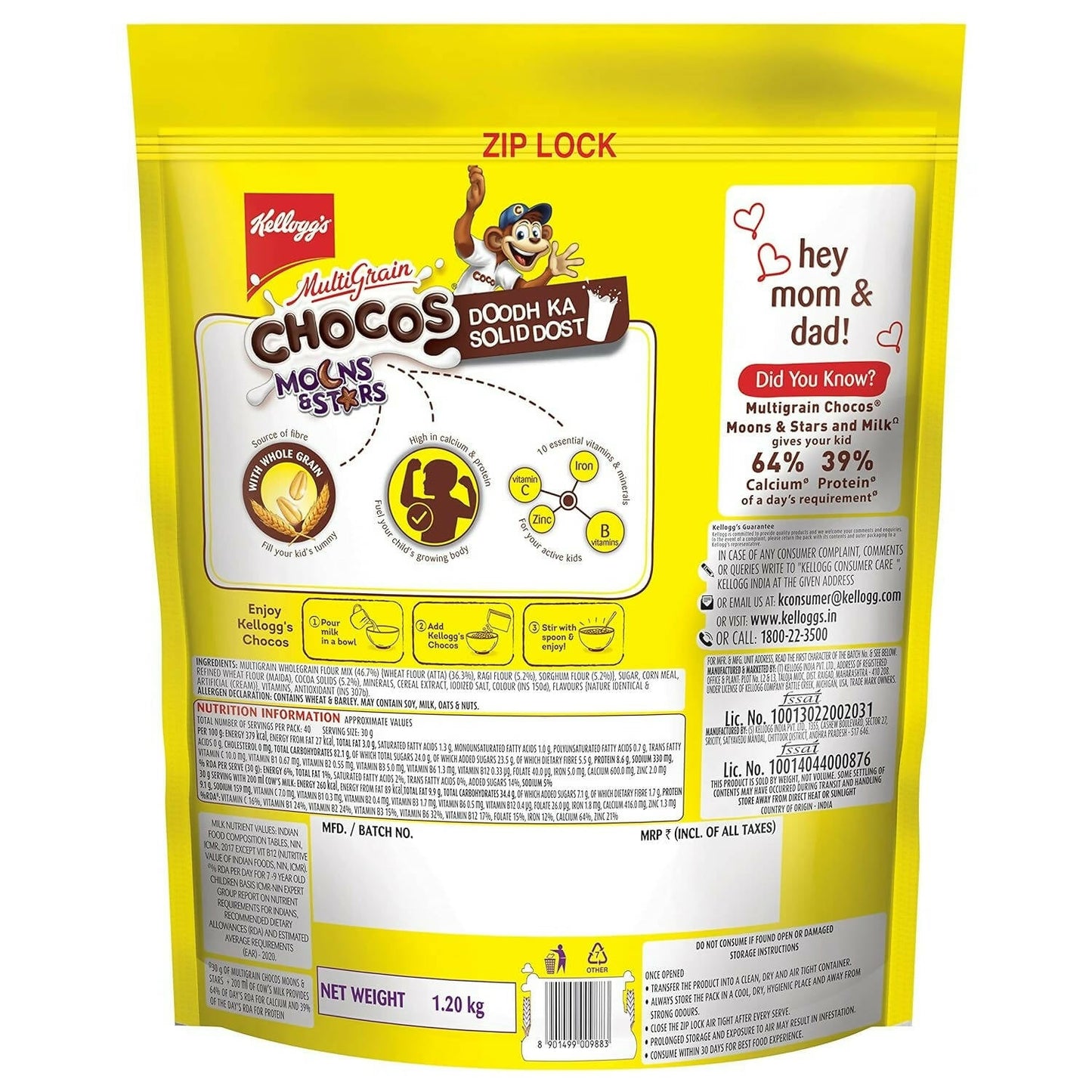 Kellogg's Multigrain Chocos Moons & Stars, High In Calcium & Protein,Essential Vitamins,Iron & Immuno Nutrients - Swadesiicart