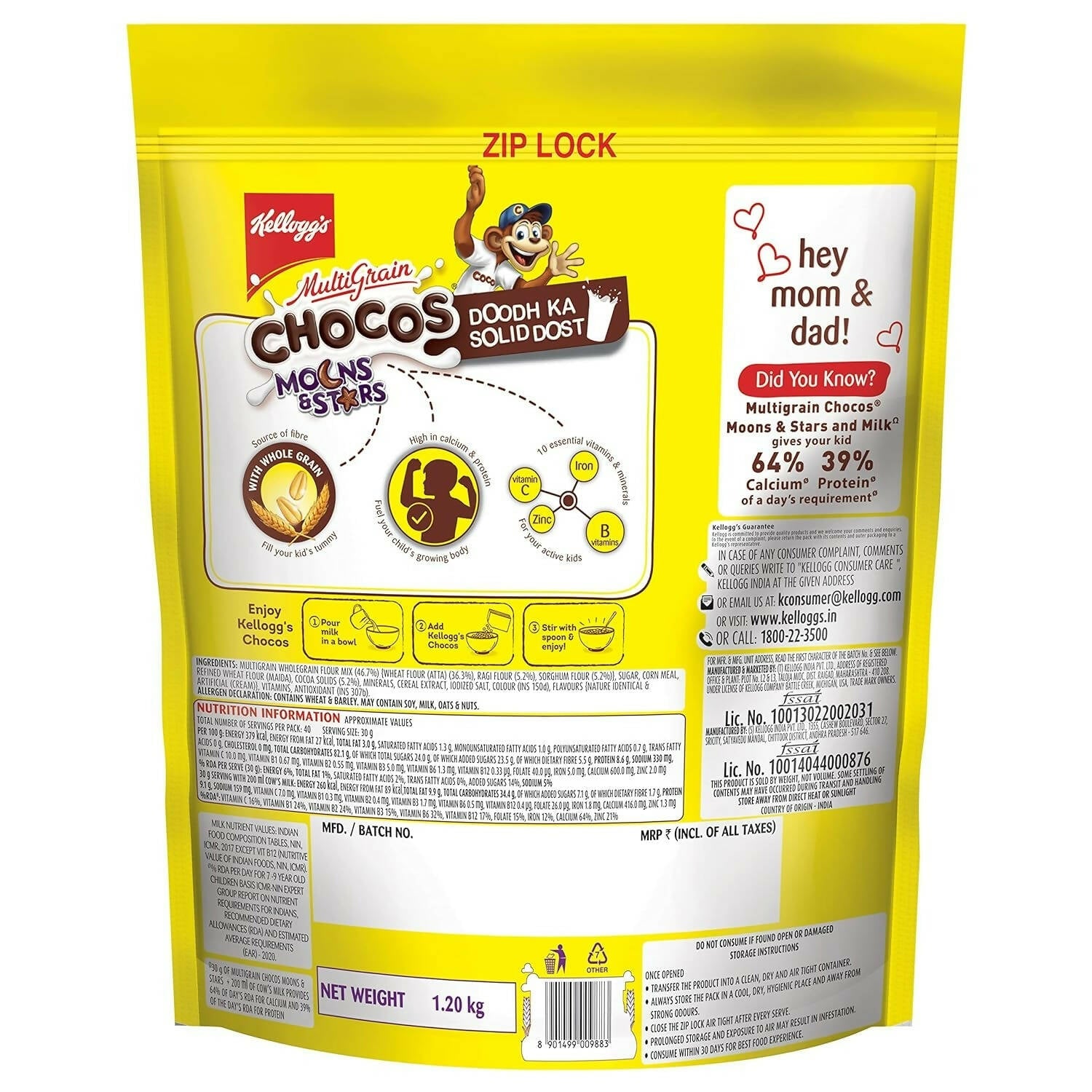 Kellogg's Multigrain Chocos Moons & Stars, High In Calcium & Protein,Essential Vitamins,Iron & Immuno Nutrients - Swadesiicart