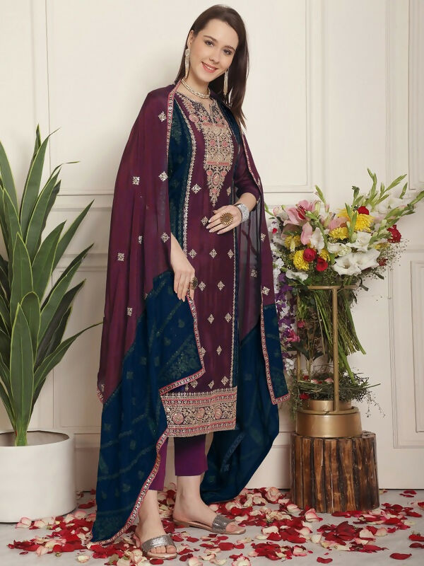 Jyoti Fashion Women's Magenta Chinon Chiffon Embroidered Designer Straight Suit Set | Swadesiicart
