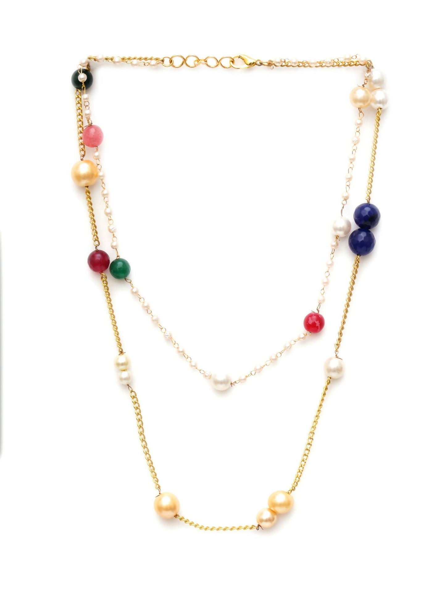 Layered Pearl and Gold Neckpiece with Multi Stones (Multi Color) - Ruby Raang | Swadesiicart