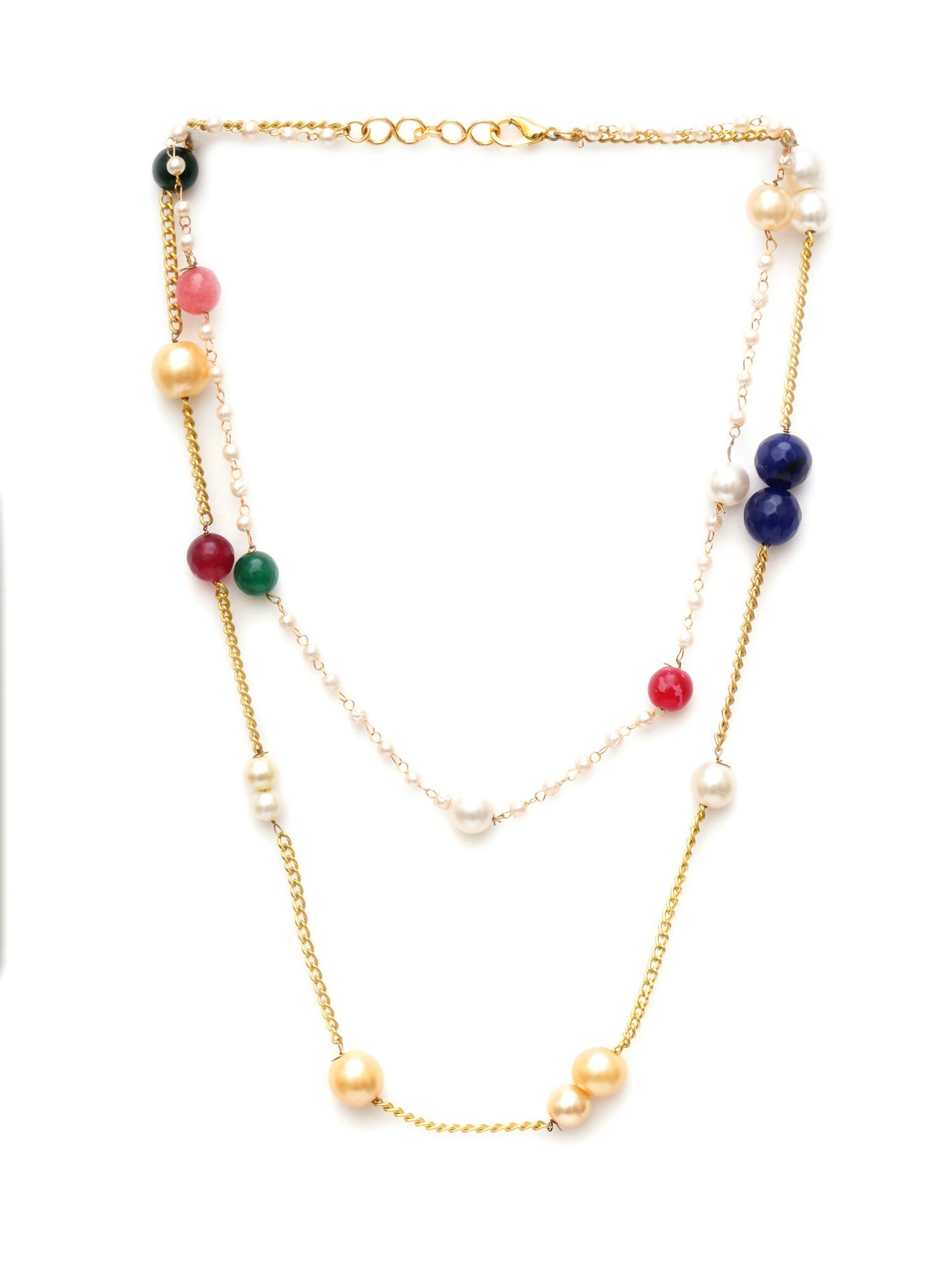 Layered Pearl and Gold Neckpiece with Multi Stones (Multi Color) - Ruby Raang | Swadesiicart