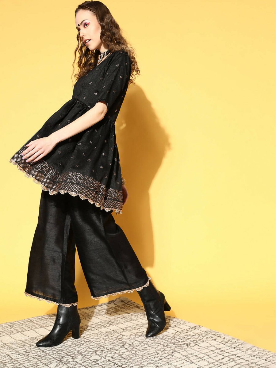 Ahalyaa Women Black Colour Poly Silk Copper Printed Top Palazzo Set | Swadesiicart