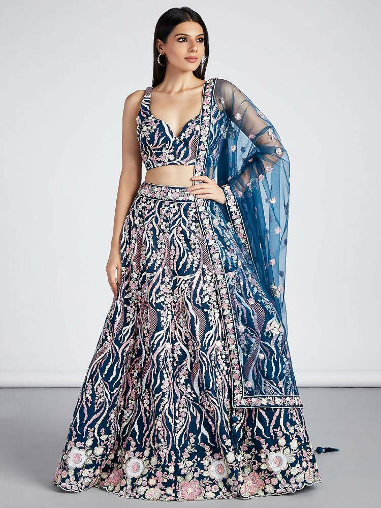 House of Panchhi Navy Blue Net Sequins And Thread Embroidery Lehenga Choli & Dupatta | Swadesiicart