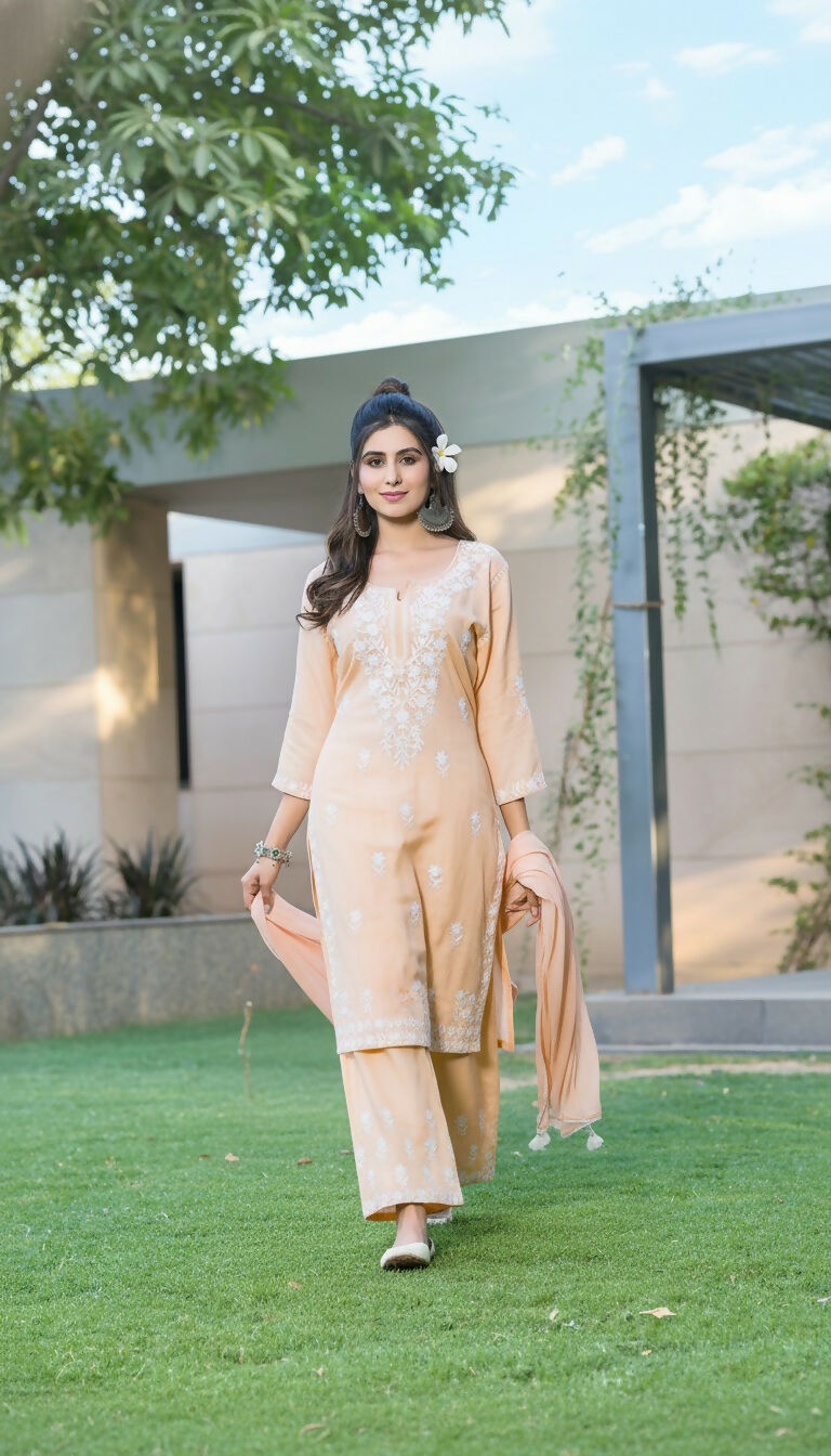 BulBul Meher Rayon Peach Kurta Set with Dupatta - Swadesiicart