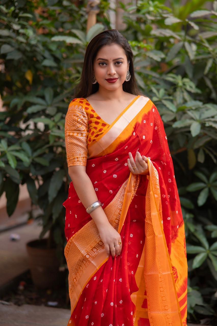 Red Jute Silk Ethnic Motifs Saree with Unstitched Blouse - Hiral Fashion | Swadesiicart
