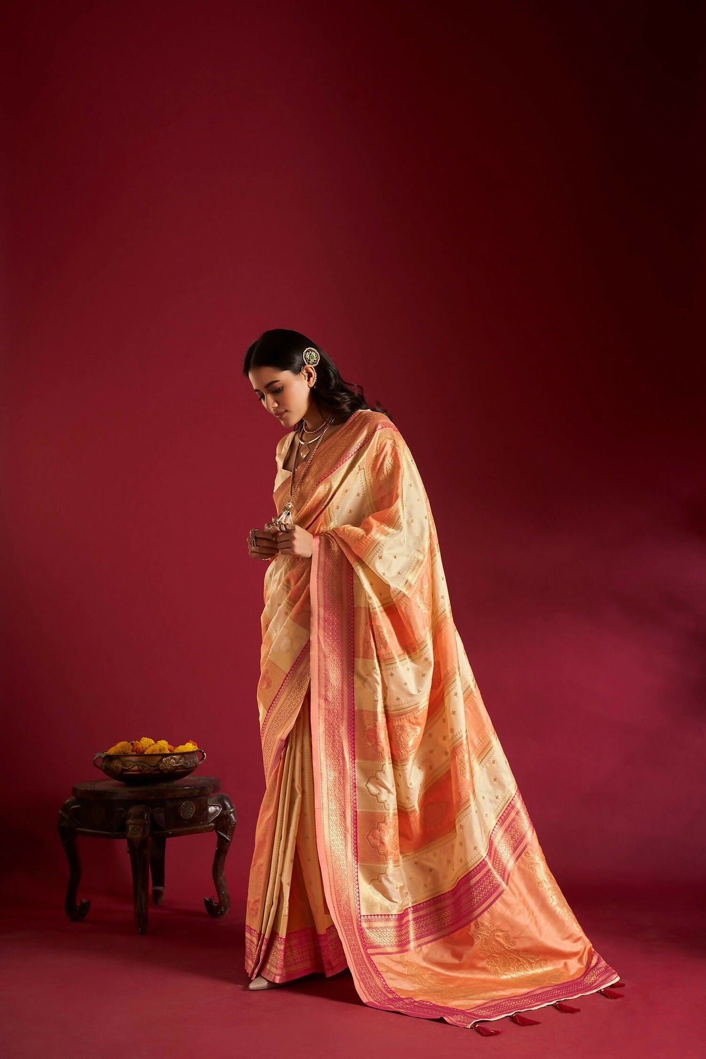 Joban Fashion Cream & Orange Plain With Weaving Border Banarasi Silk Sarees | Swadesiicart
