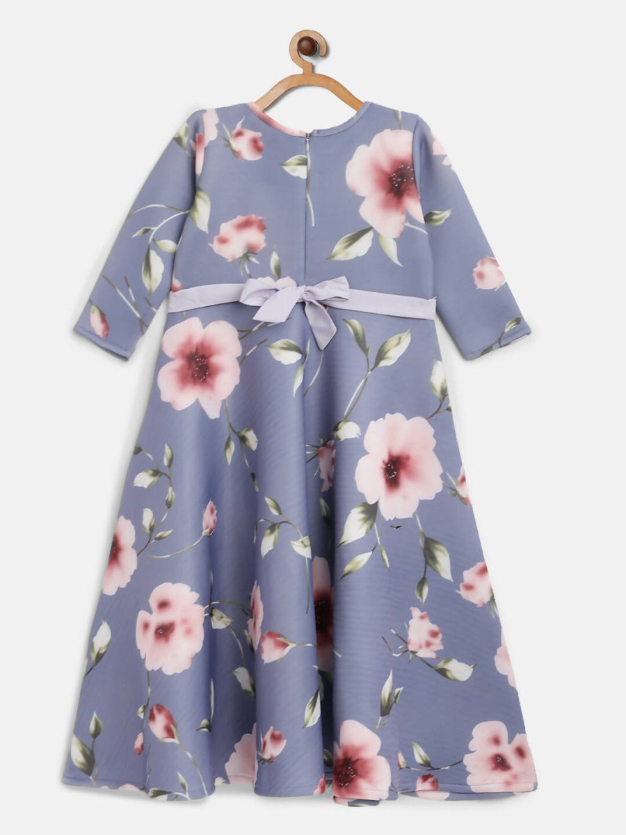 Ahalyaa Light Blue Digital Print Floral Kids Dress For Girls | Swadesiicart