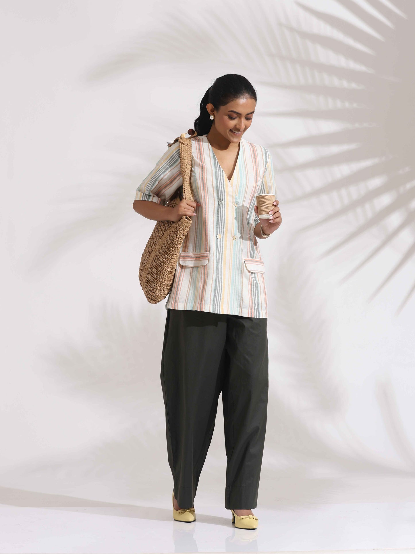 trueBrowns Off-White Cotton Stripe Jacket Top Co-ord Set - Swadesiicart