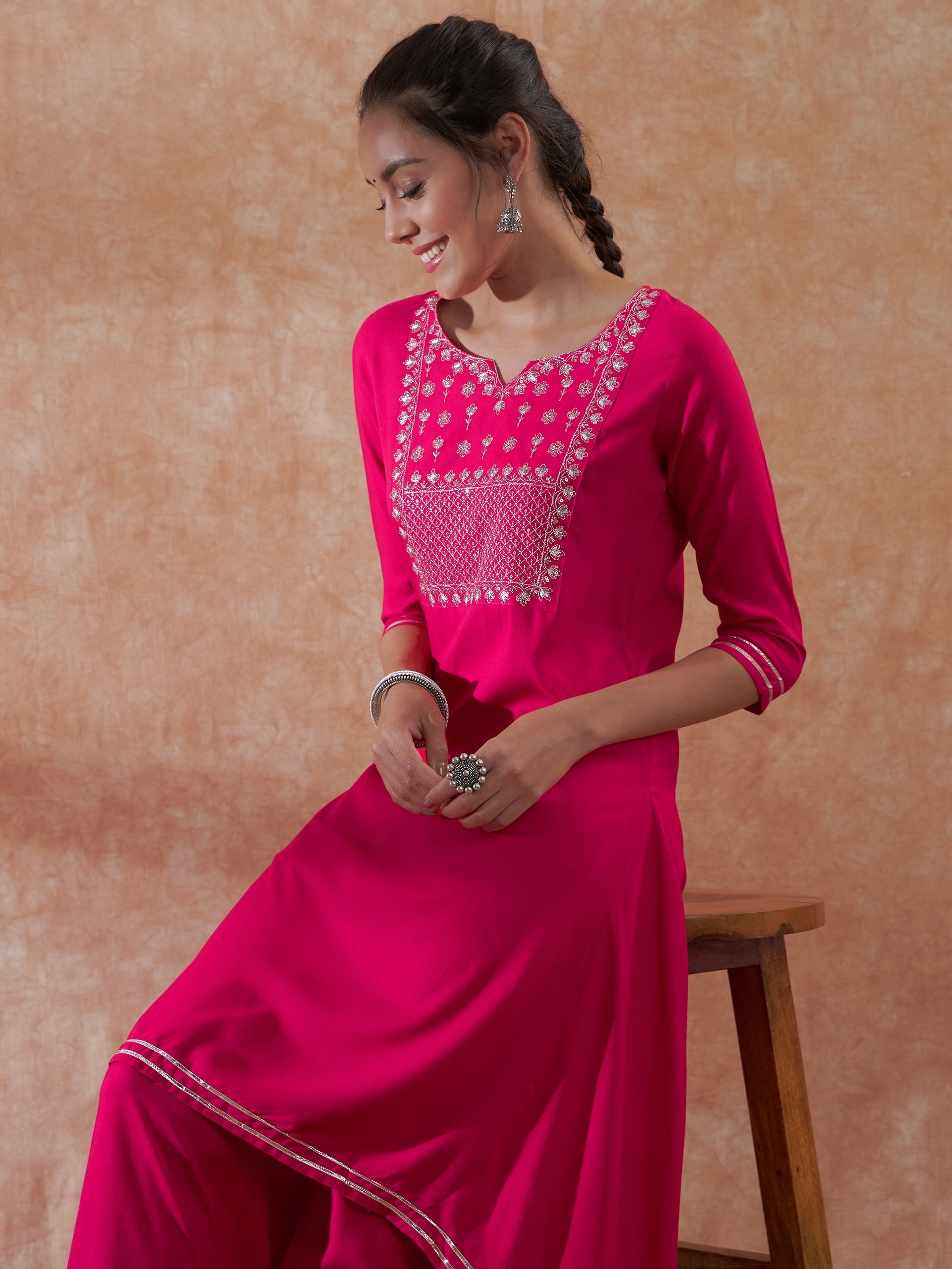 InWeave Women's Magenta Emb Assymetrical Kurta Pant Set - Swadesiicart