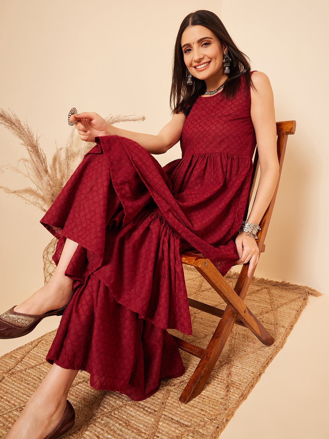 InWeave Women's Carmine Maroon Lace Work Double Layer Sharara Set - Swadesiicart
