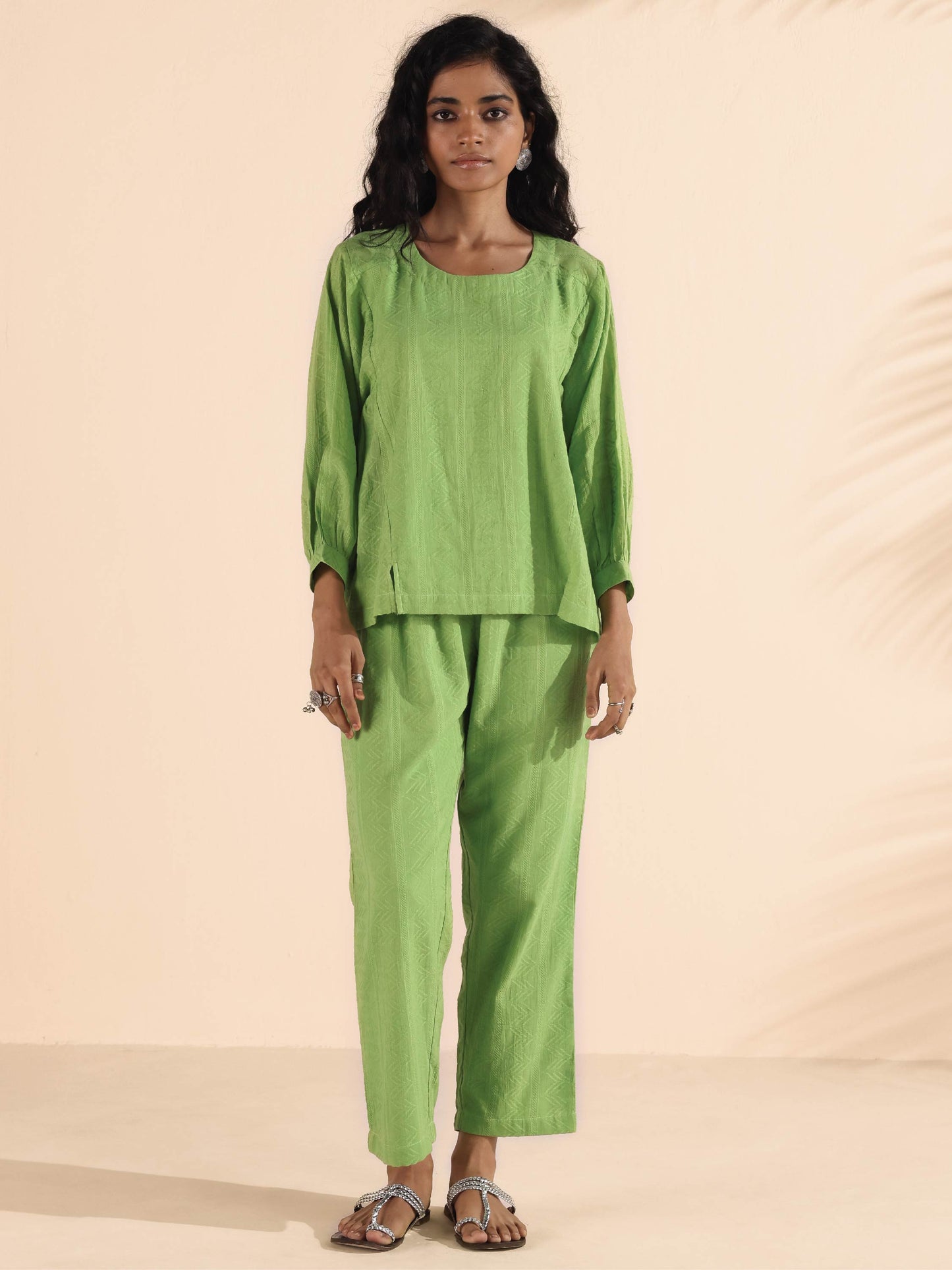 trueBrowns Green Cotton Dobby Short Co-ord Set - Swadesiicart
