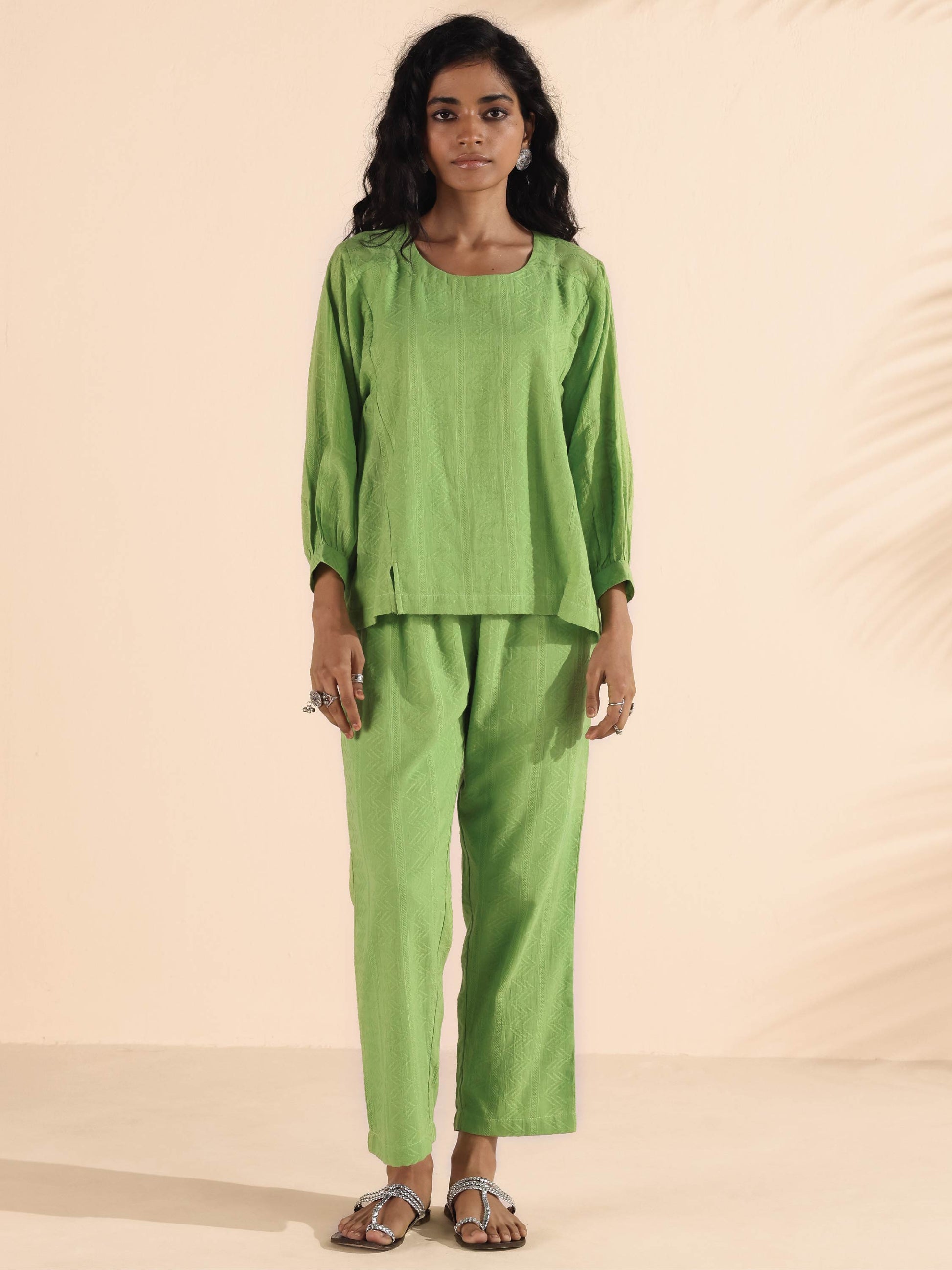 trueBrowns Green Cotton Dobby Short Co-ord Set - Swadesiicart