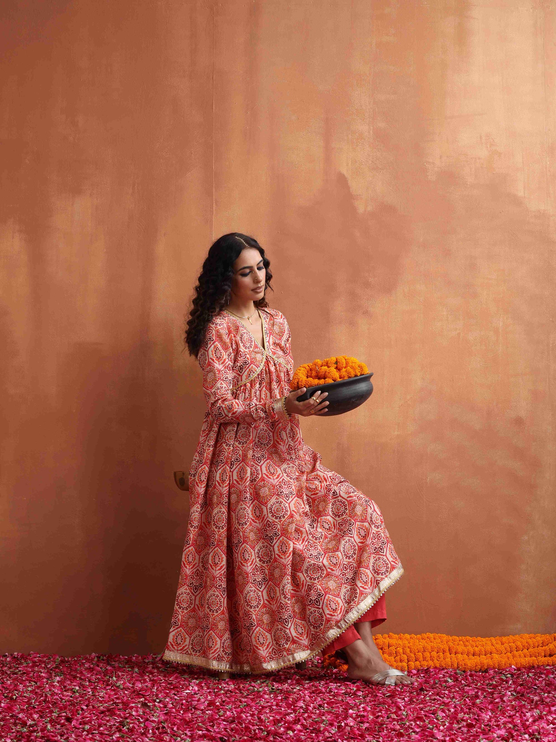 trueBrowns Beige Print Flared Anarkali Kurta Set | Swadesiicart