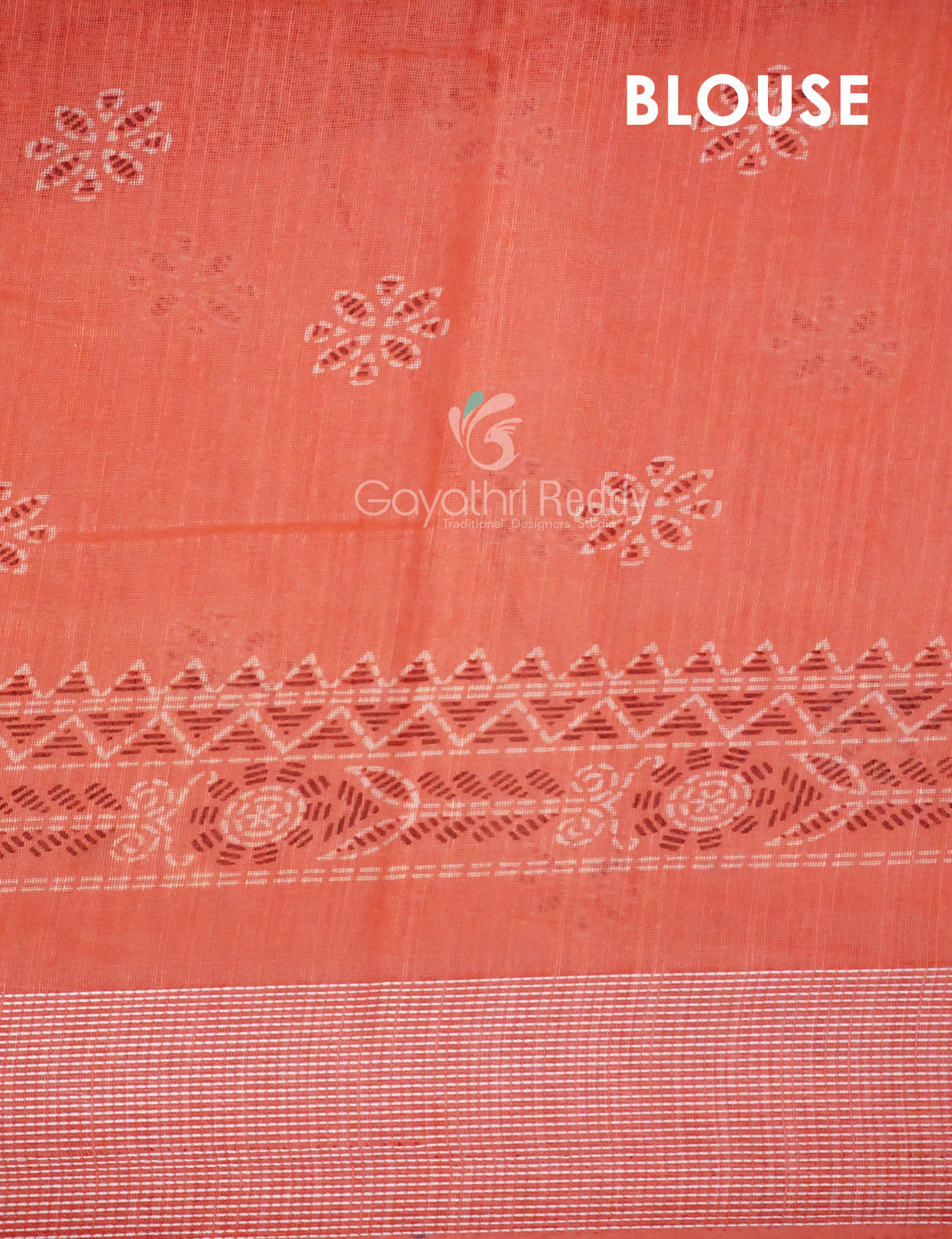 Peachish Orange Block Printed Semi Chanderi Saree By Gayathri Reddy Designer Studio | Swadesiicart