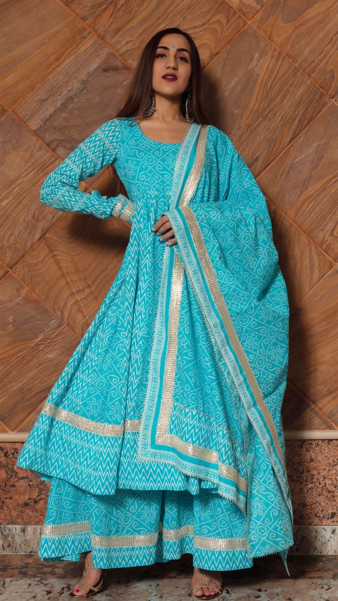 Pomcha Jaipur Neelkari Blue Cotton Anarkali Set | Swadesiicart